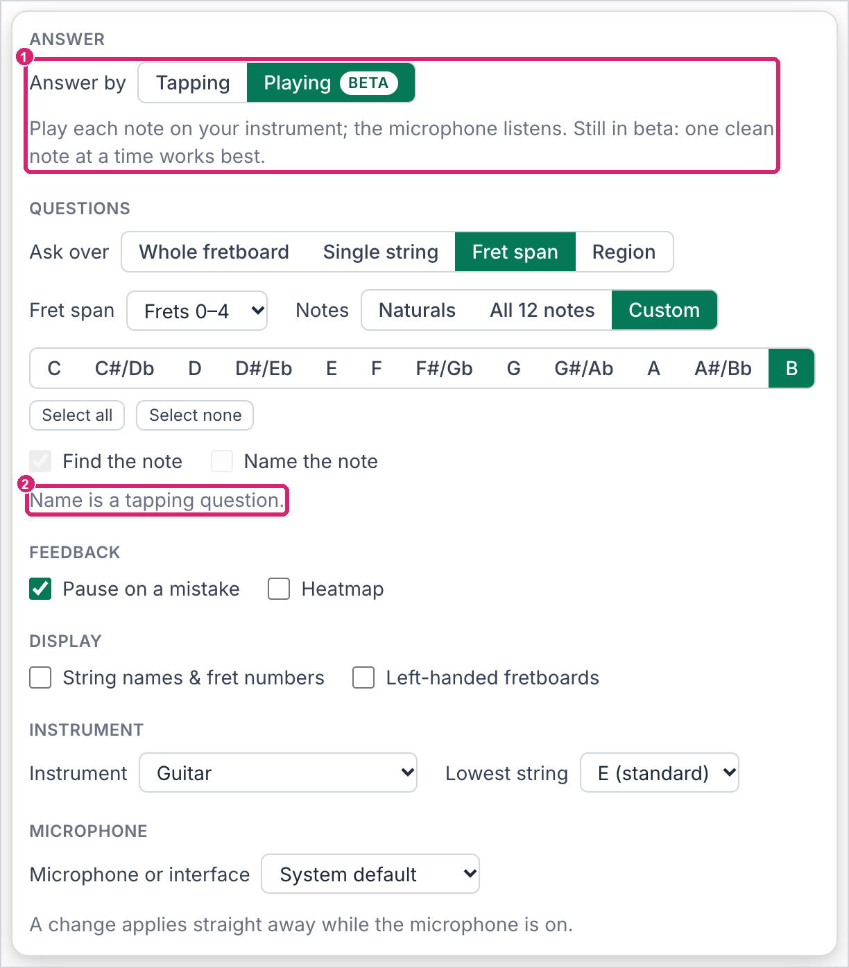 Settings with Playing chosen
