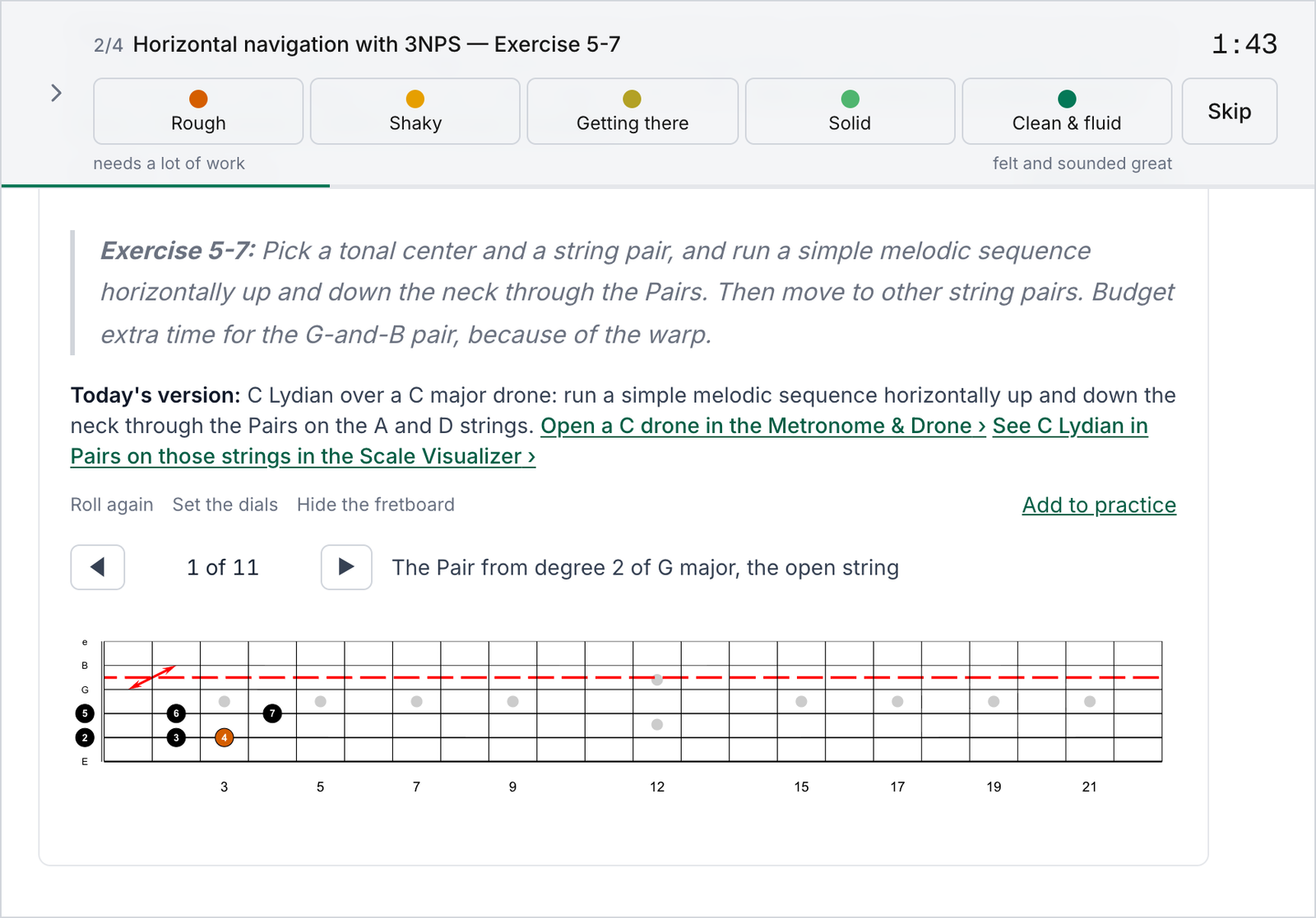 A course exercise during a session, with the session bar across the top and Today's version below the exercise