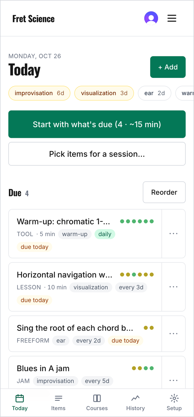 The Today screen, with four items due