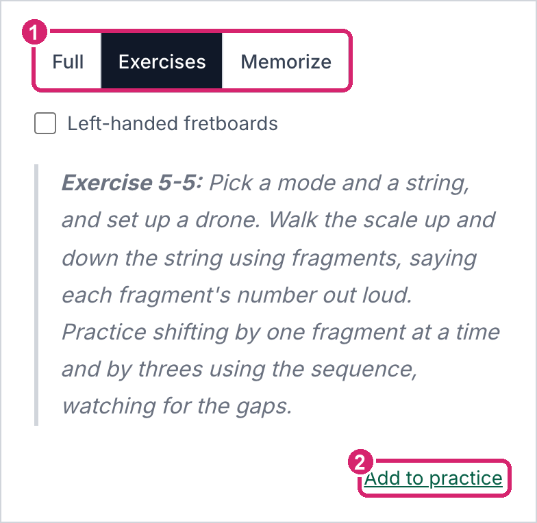 Exercises view on a lesson page