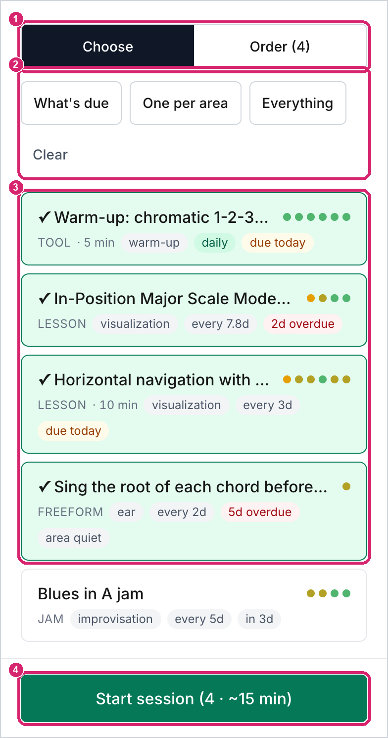 Picking items for a session