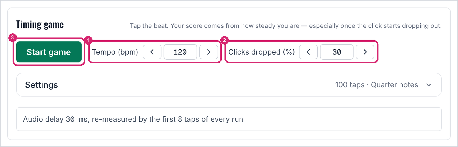 The game set to 120 bpm with 30% of clicks dropped