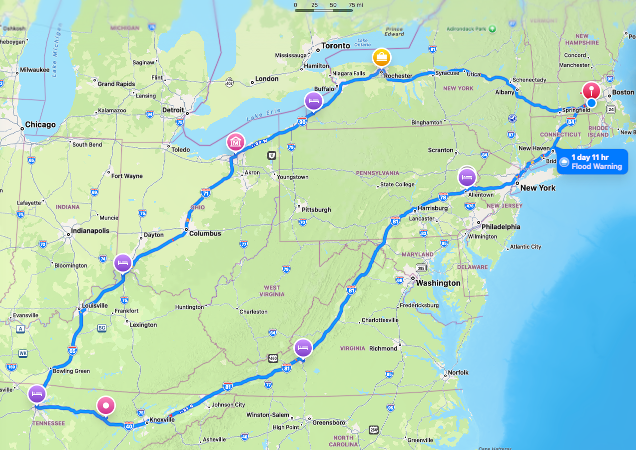 Map of the road-trip route from Massachusetts to Tennessee and back
