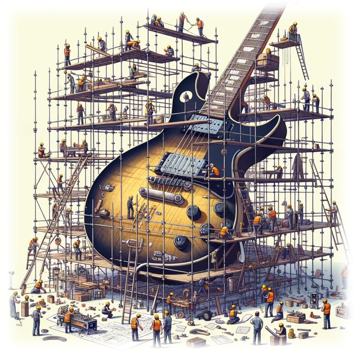 Cover illustration: an electric guitar surrounded by construction scaffolding, with workers building it