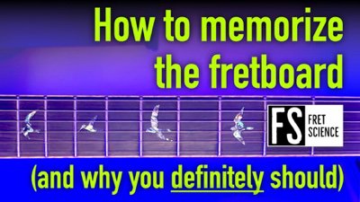 YouTube thumbnail 'How to memorize the fretboard (and why you definitely should)' — purple-tinted fretboard photo with bird graphics