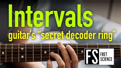 YouTube thumbnail 'Intervals — guitar's secret decoder ring' — photo of a hand fretting a chord