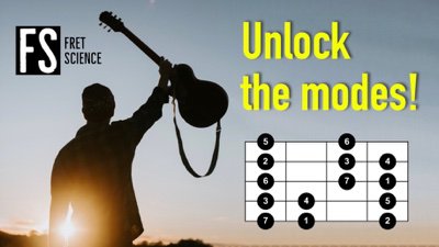 YouTube thumbnail 'Unlock the modes!' — sunset silhouette of a guitarist raising a guitar, plus a numbered scale-degree grid overlay