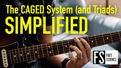 YouTube thumbnail 'The CAGED System (and Triads) SIMPLIFIED' — photo of hands playing an electric guitar