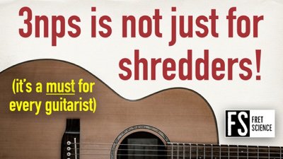 YouTube thumbnail '3nps is not just for shredders!' — acoustic guitar body photo with title text