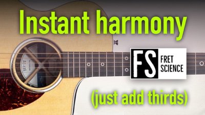 YouTube thumbnail 'Instant harmony (just add thirds)' — close-up photo of two acoustic guitars with FS logo